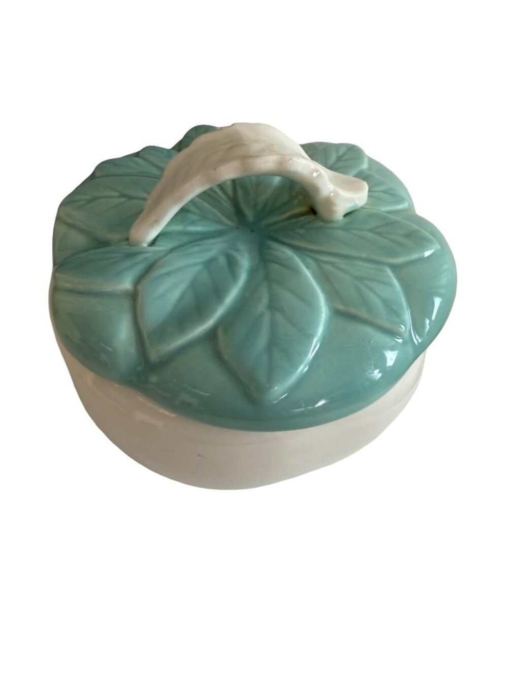 Vintage California Pottery Leaf Covered Trinket Box Aqua White Ceramic USA 734
